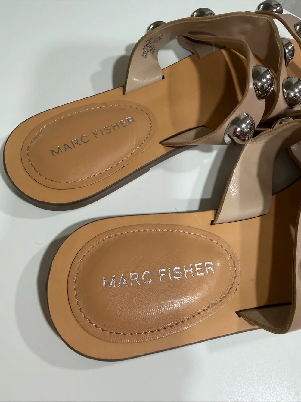 Marc Fisher Beige Slide Sandals with Silver Studs